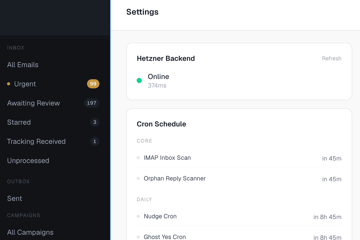 Scheduled jobs in a shipped inbox platform, showing the IMAP scan, nudge, SLA checker and warmup health poll